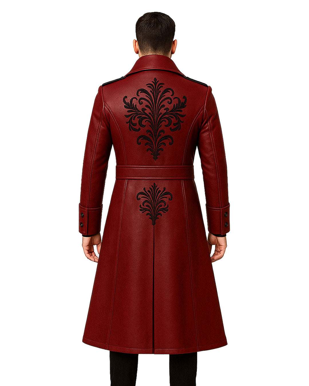 Back view of men's blood red gothic leather trench coat with black embroidered design