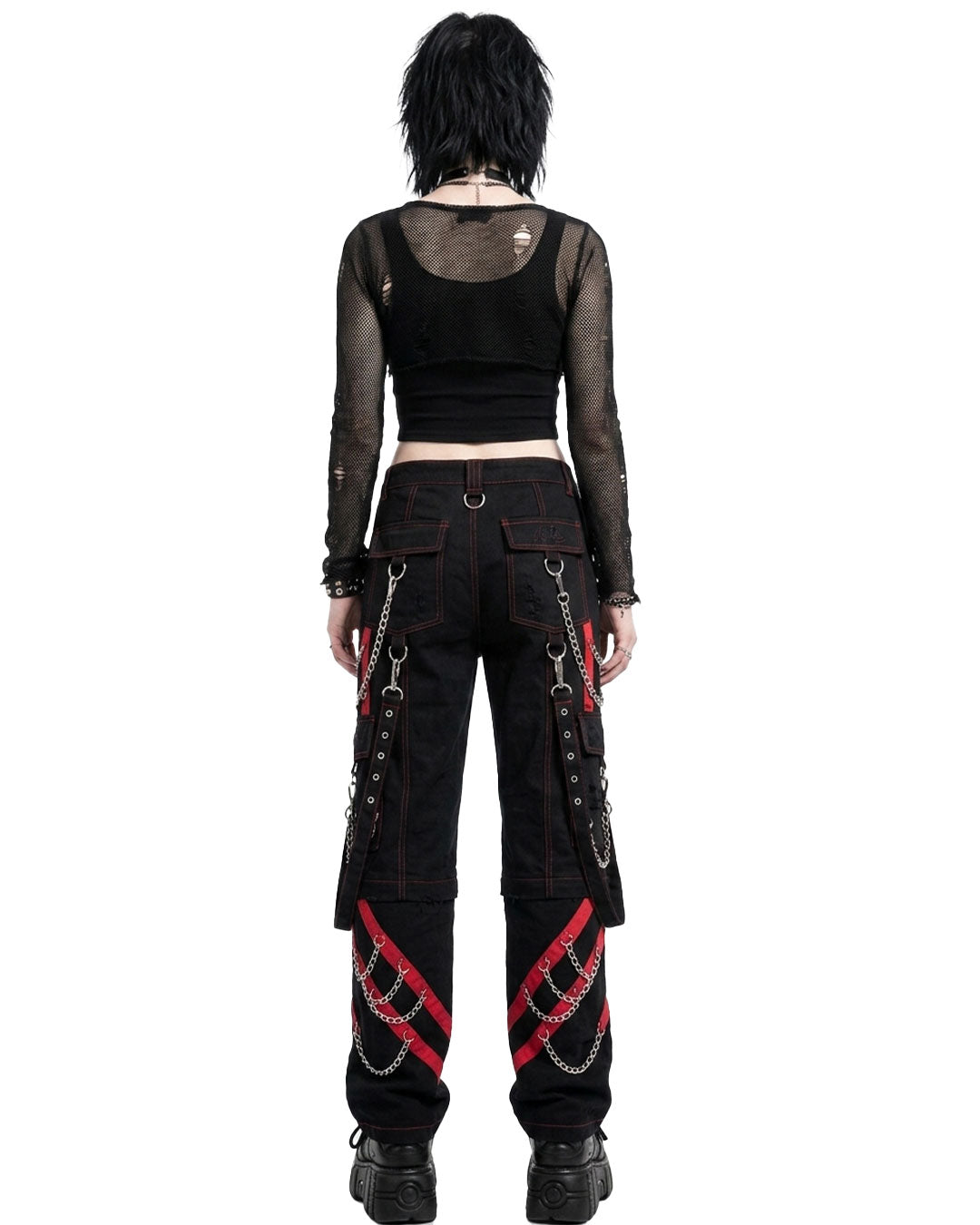 Women's Gothic Punk Cargo Pants Black Red Chain Strap