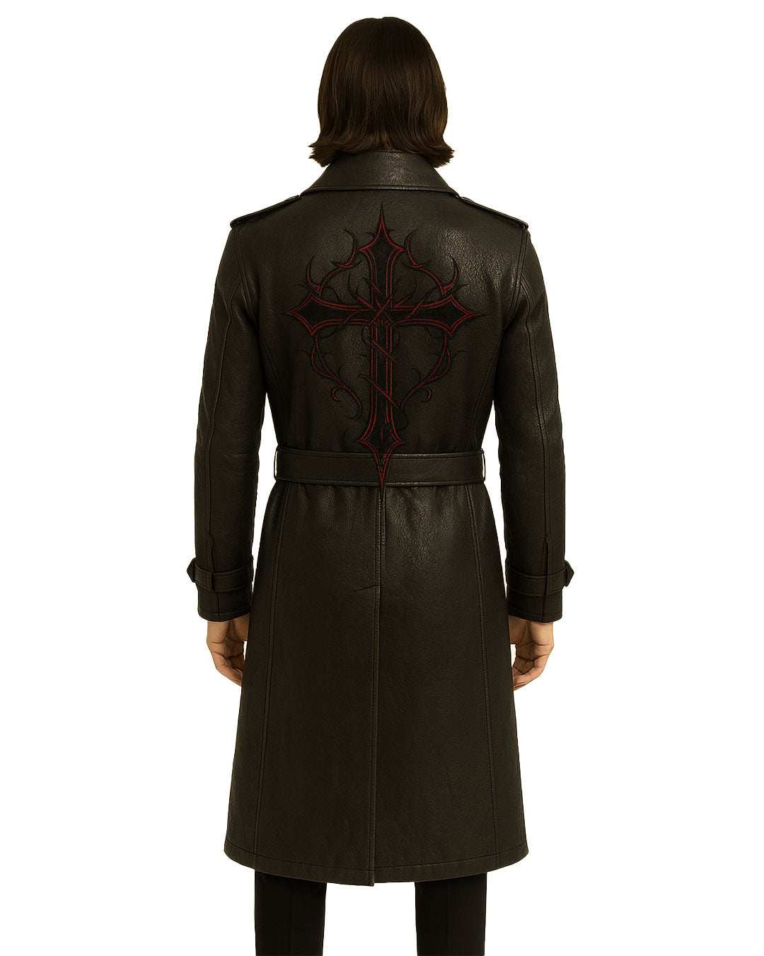 Back view of Black Gothic Cross Leather Trench Coat with red cross embroidery and belted waist