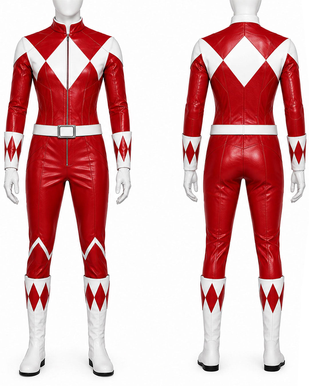 Red and white faux leather Power Ranger costume shown on a mannequin from the front and back, featuring a high collar, zipper chest, diamond patterns, and matching boots.