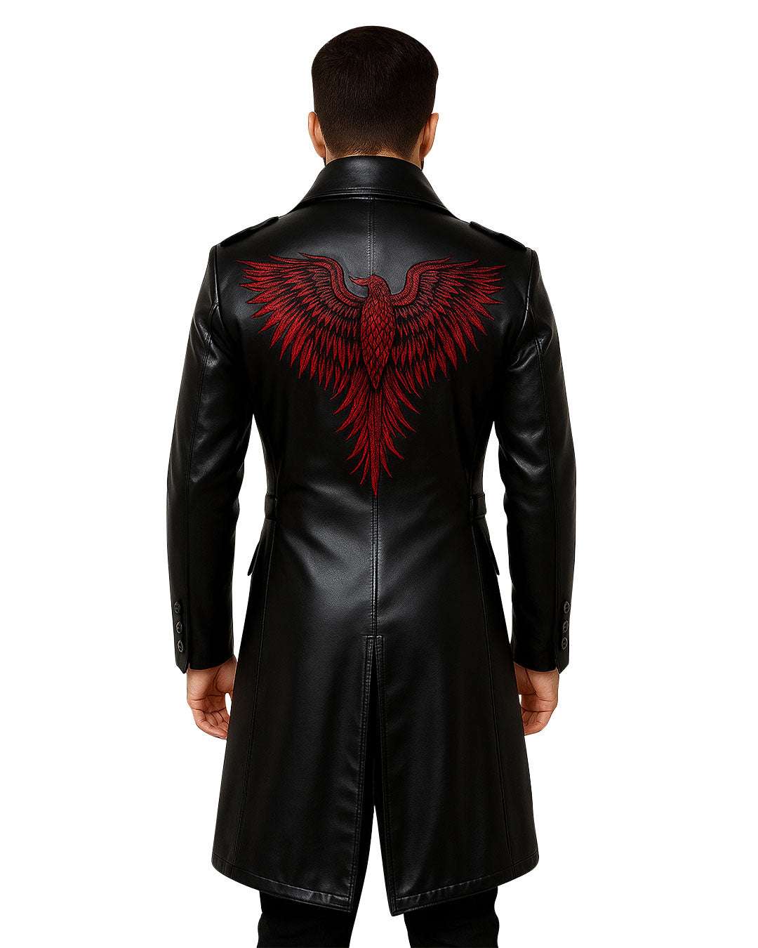 Men’s black gothic fashion leather trench coat with red phoenix embroidery on back