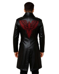 Men’s black gothic fashion leather trench coat with red phoenix embroidery on back