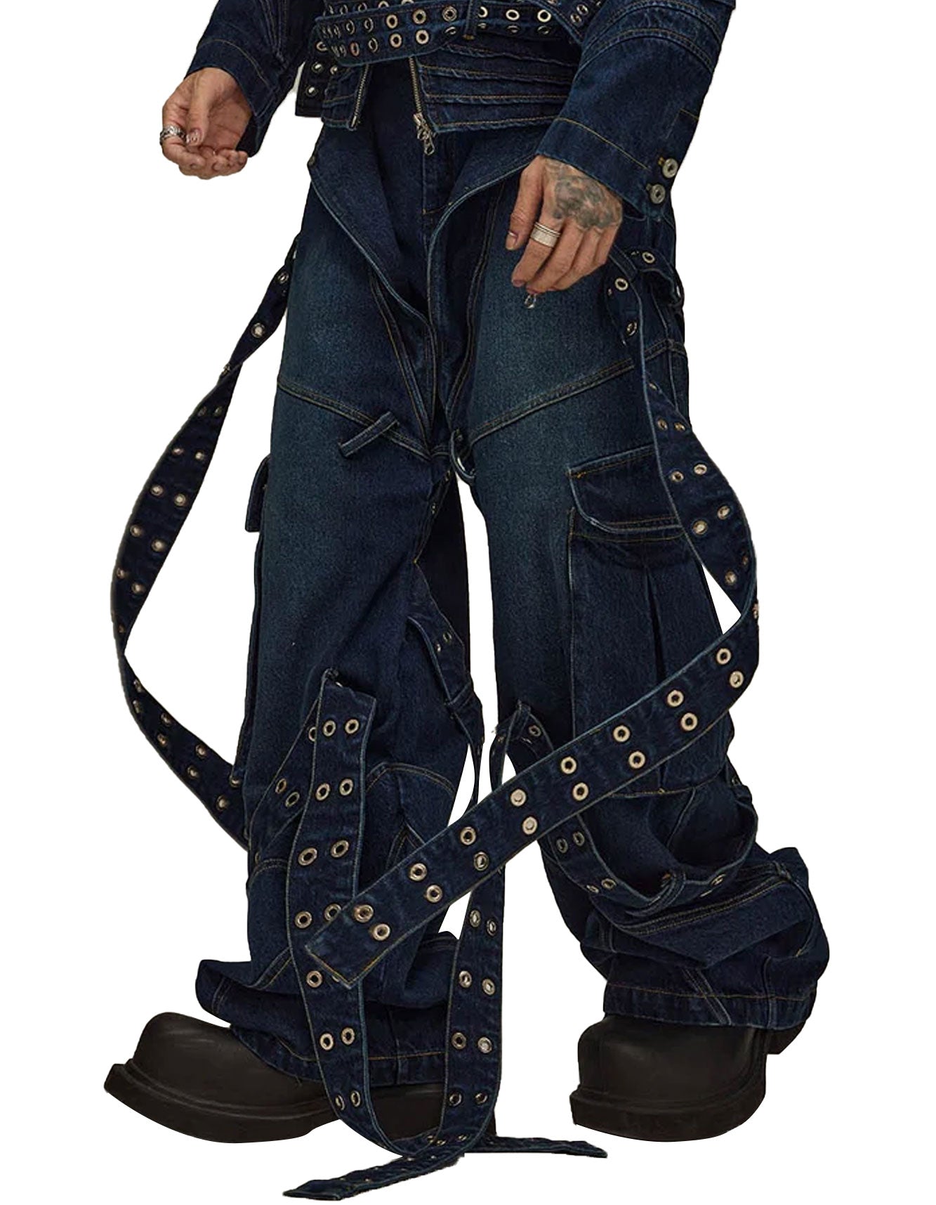 Grommet-Strap Cargo Jeans – Streetwear Utility Men’s Pants