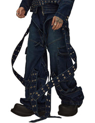 Grommet-Strap Cargo Jeans – Streetwear Utility Men’s Pants