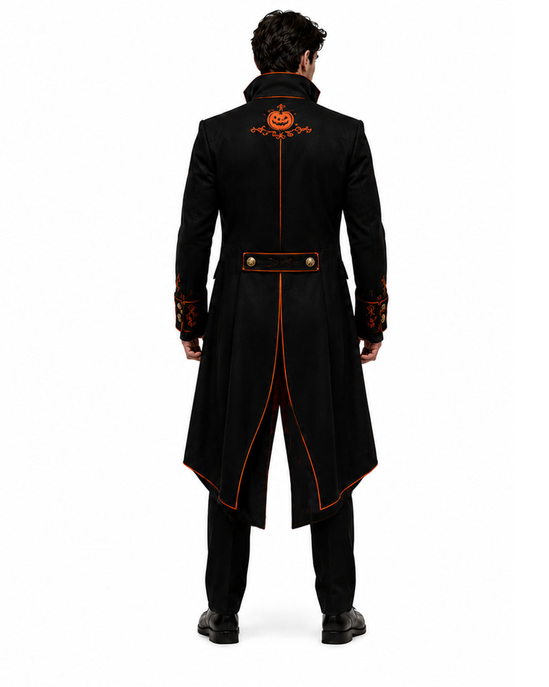 Men's Pumpkin Duke Halloween trench coat with gothic Victorian tailcoat design and pumpkin embroidery