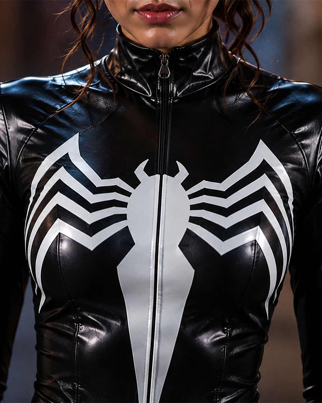 A close-up of a person wearing a glossy black latex or faux-leather bodysuit with a large white spider emblem on the chest and a front zipper.