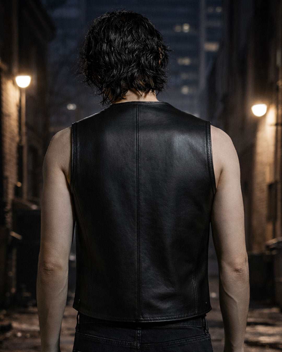 Men's edgy biker style black studded faux leather vest with gothic embroidery and cross detailing