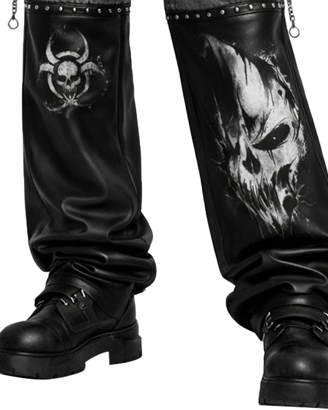 Gothic chain pants back view with two-tone denim and leather panels