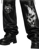 Gothic chain pants back view with two-tone denim and leather panels