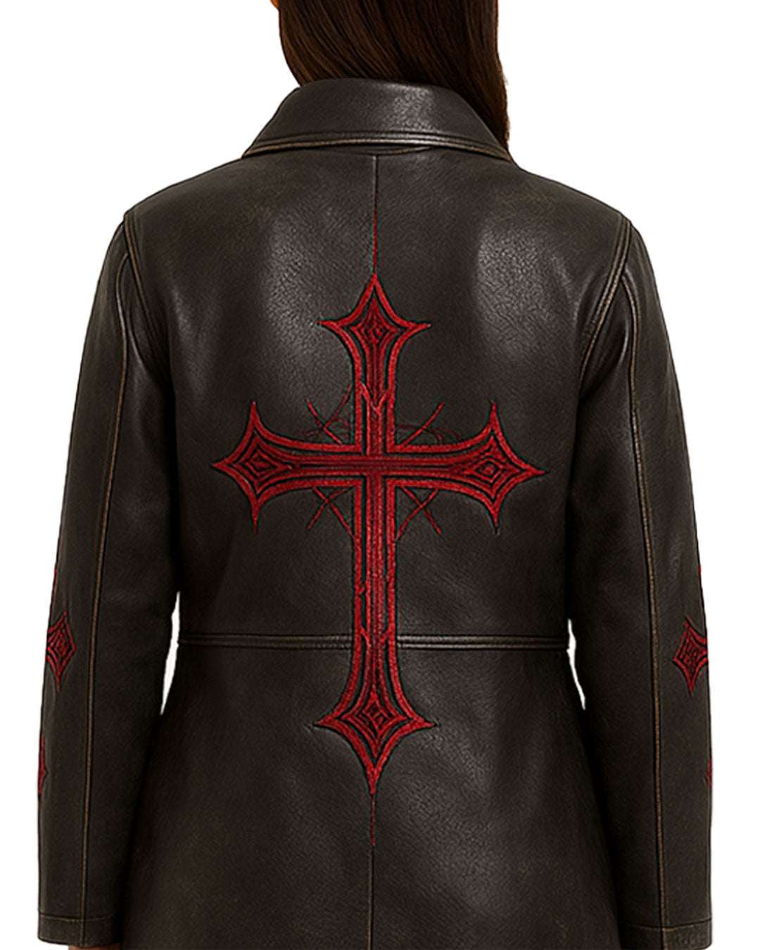 Black Gothic Cross Leather Trench Coat