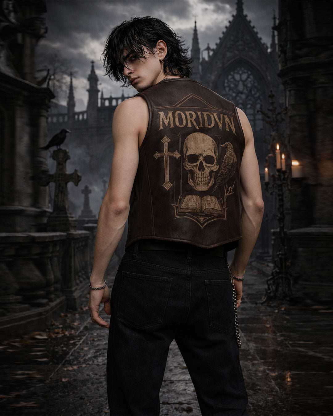 Raven Skull Leather Vest – Dark Gothic Cross & Raven Streetwear by TRIPPPRS