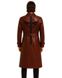 Back view of maroon gothic leather trench coat with black cross embroidery and belted waist
