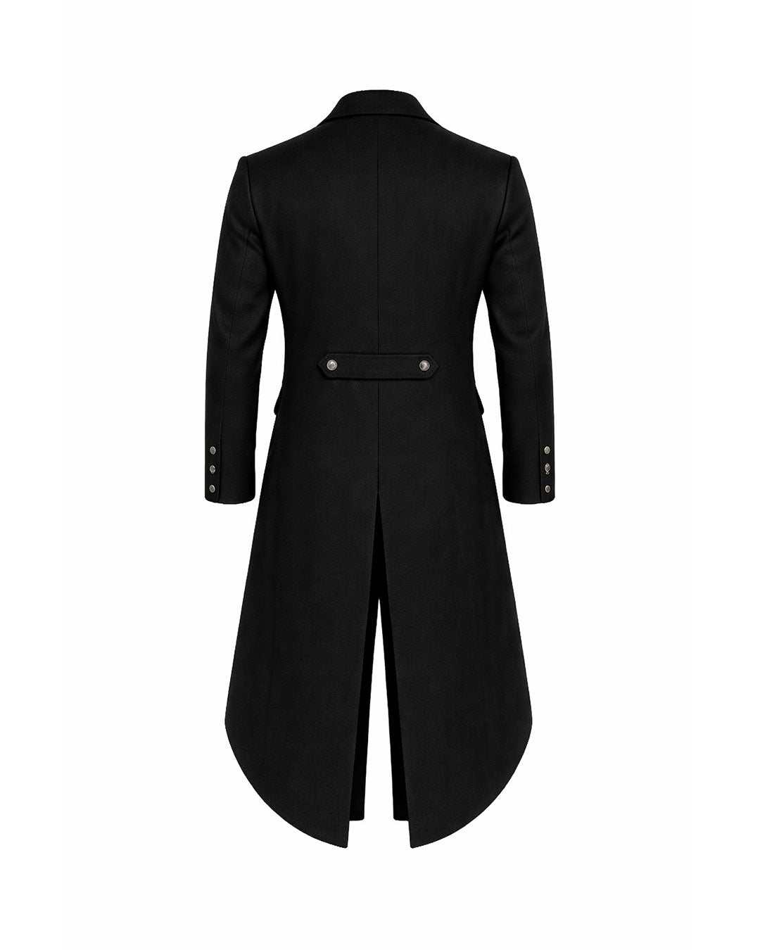 Gothic Victorian men's tailcoat with high collar and dramatic long back tail