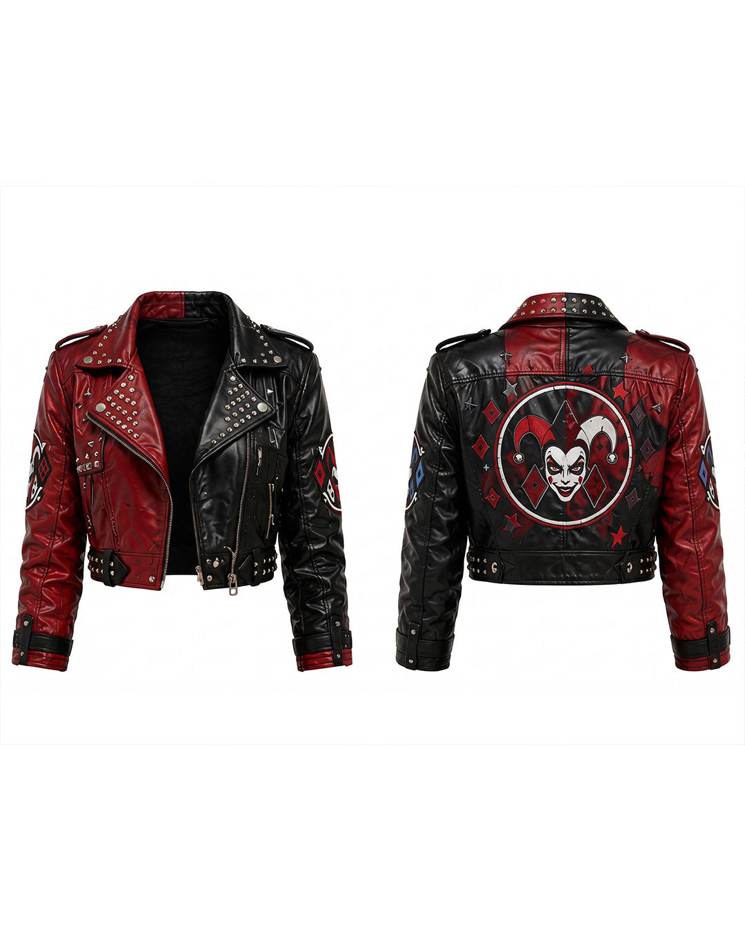 A red and black Harley Quinn themed faux leather moto jacket shown from both the front and back views. The jacket features silver studs, a black turtleneck lining, and a large graphic of Harley Quinn's face on the back.