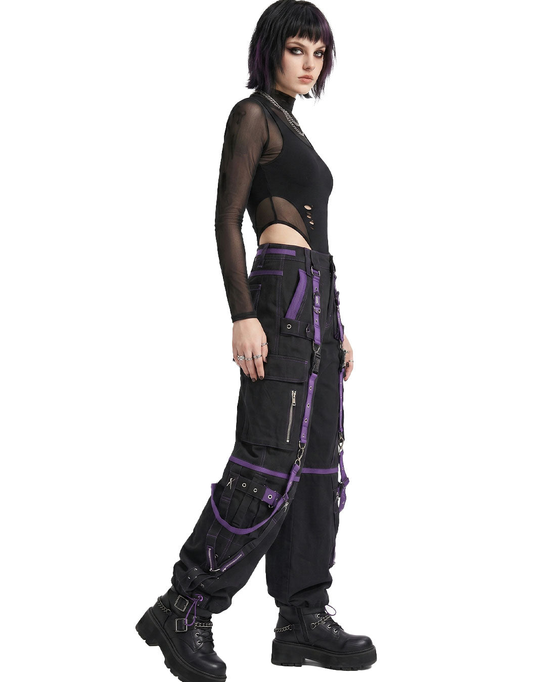 Side view of punk cargo pants showing baggy fit and strap detailing