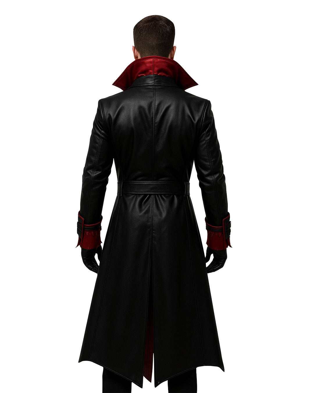 Back view of Men’s Gothic Vampire Faux Leather Trench Coat in black with red collar and cuff accents