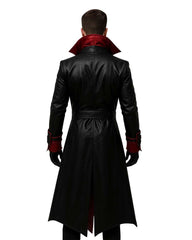 Back view of Men’s Gothic Vampire Faux Leather Trench Coat in black with red collar and cuff accents