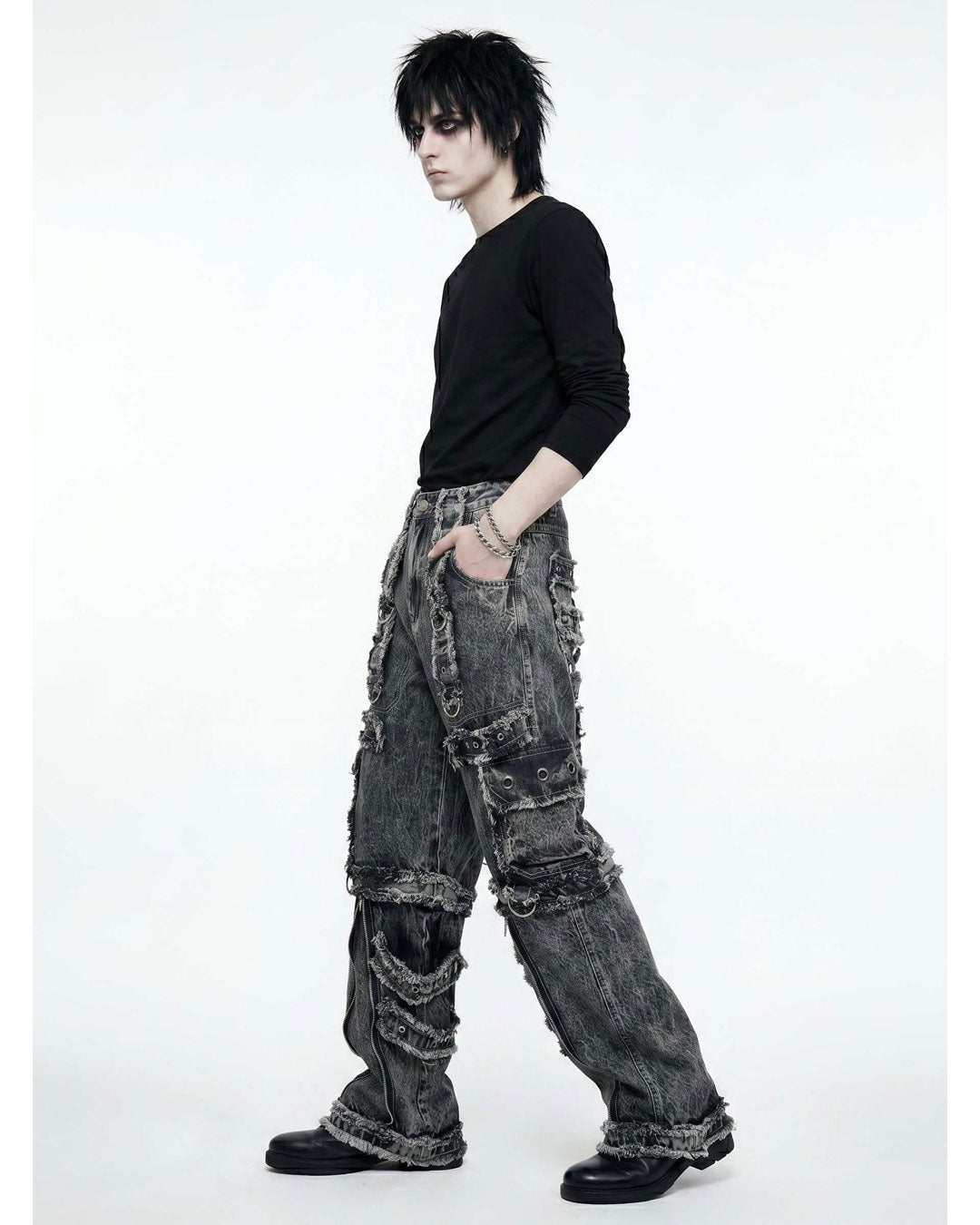 Y2K Distressed Black Denim Cargo Pants