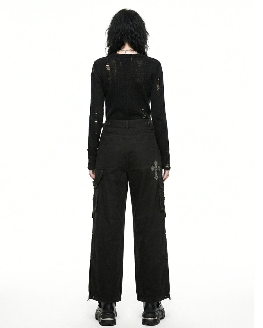 Women's Gothic Black Cargo Pants with Cross Embroidery
