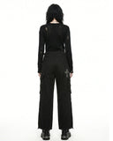 Women's Gothic Black Cargo Pants with Cross Embroidery