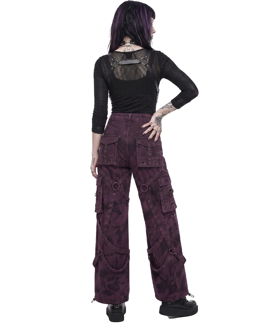  Purple cargo pants back view with model, emo cargo pants, harness straps detail