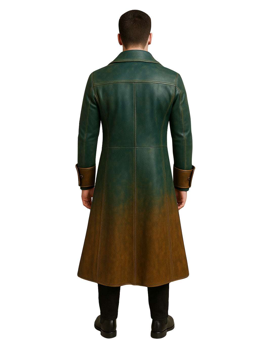 Back view of Vintage Green Brown Leather Trench Coat with dual-tone finish and full-length design on a model