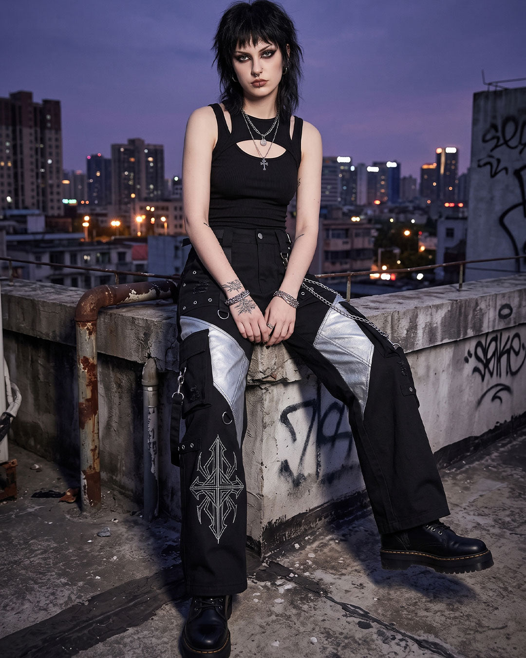 Model sitting while wearing women's utility cargo pants featuring black wide leg pants, detachable chain, and oversized cargo pockets.