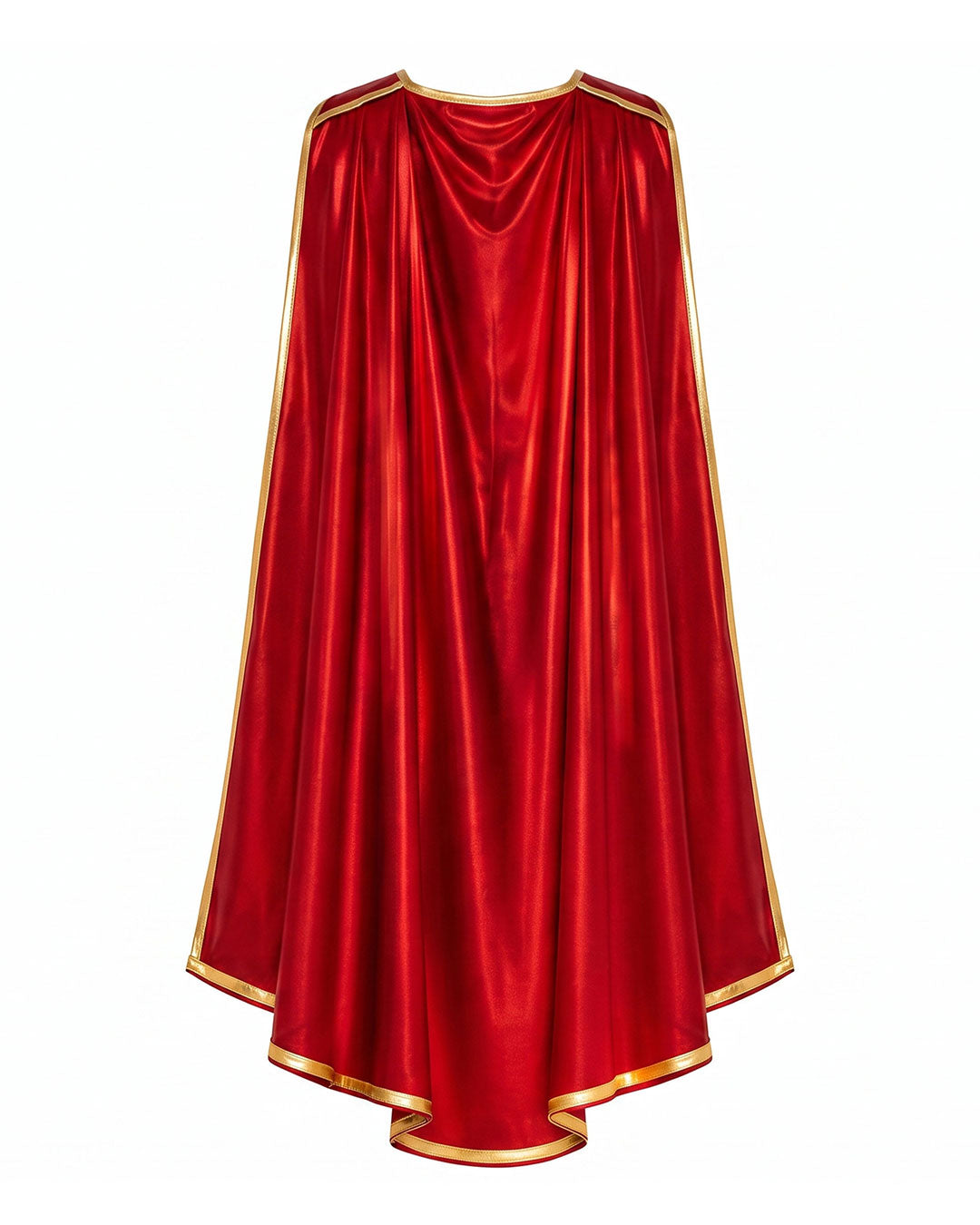 A red satin-like cape with gold trim along the edges, shown against a plain white background.