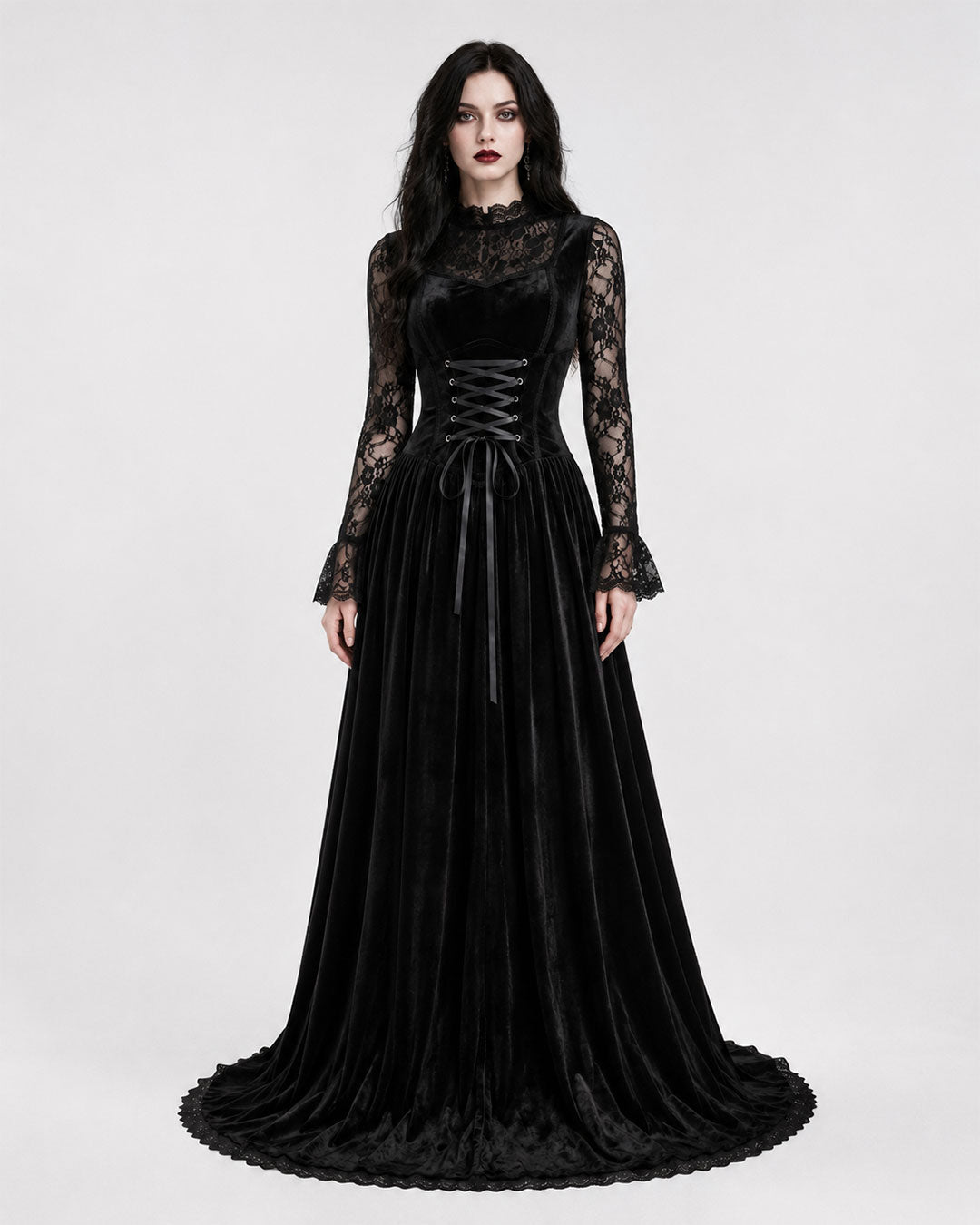 Midnight Widow Gothic Vampire Costume Dress front view in black velvet with lace sleeves