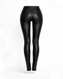 Close-up of lace-up fishnet cutout panels on women's gothic leather pants