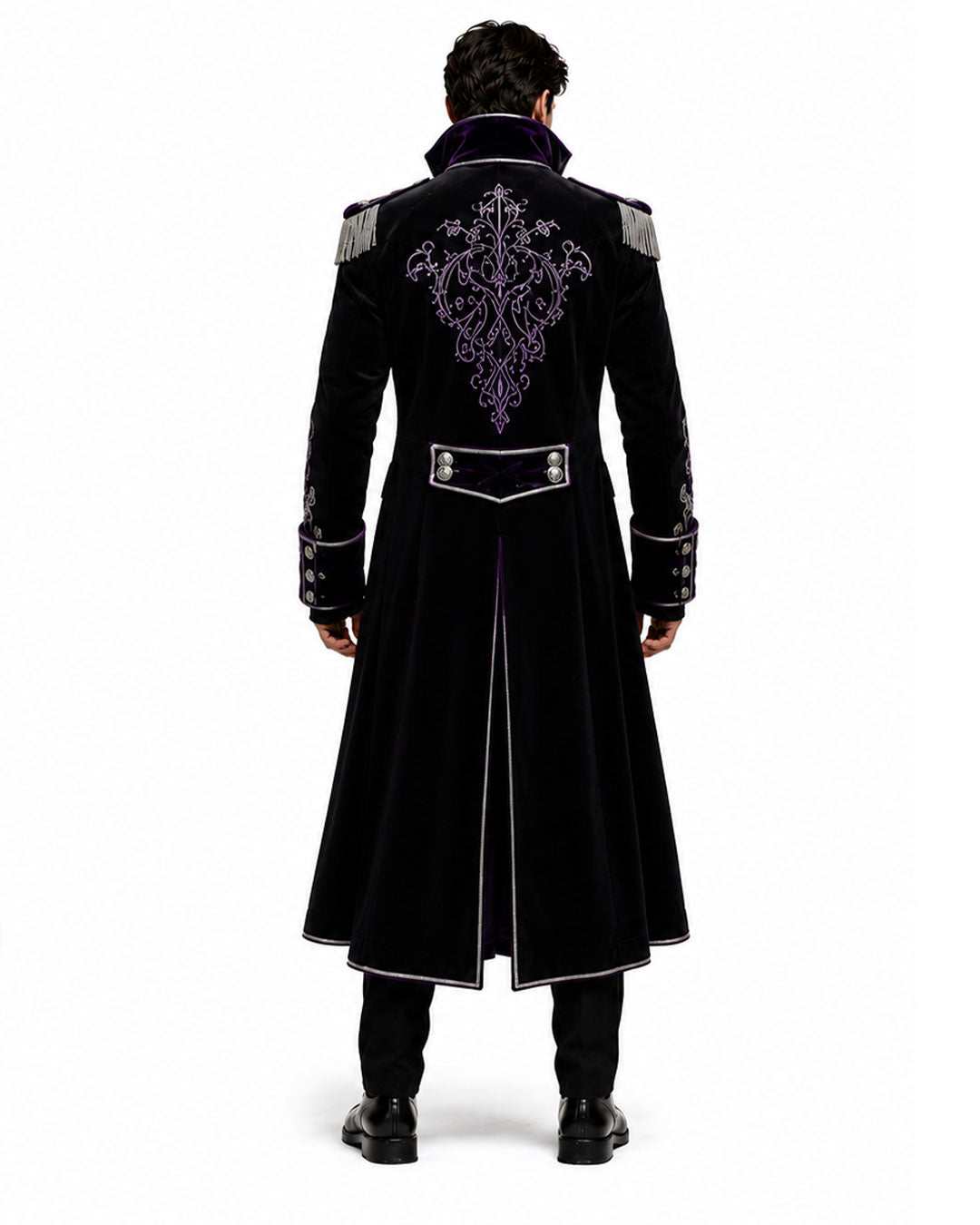 Men's gothic Halloween trench coat with purple velvet accents and Victorian vampire costume styling