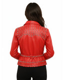 Jessica Studded Biker Red Leather Jacket