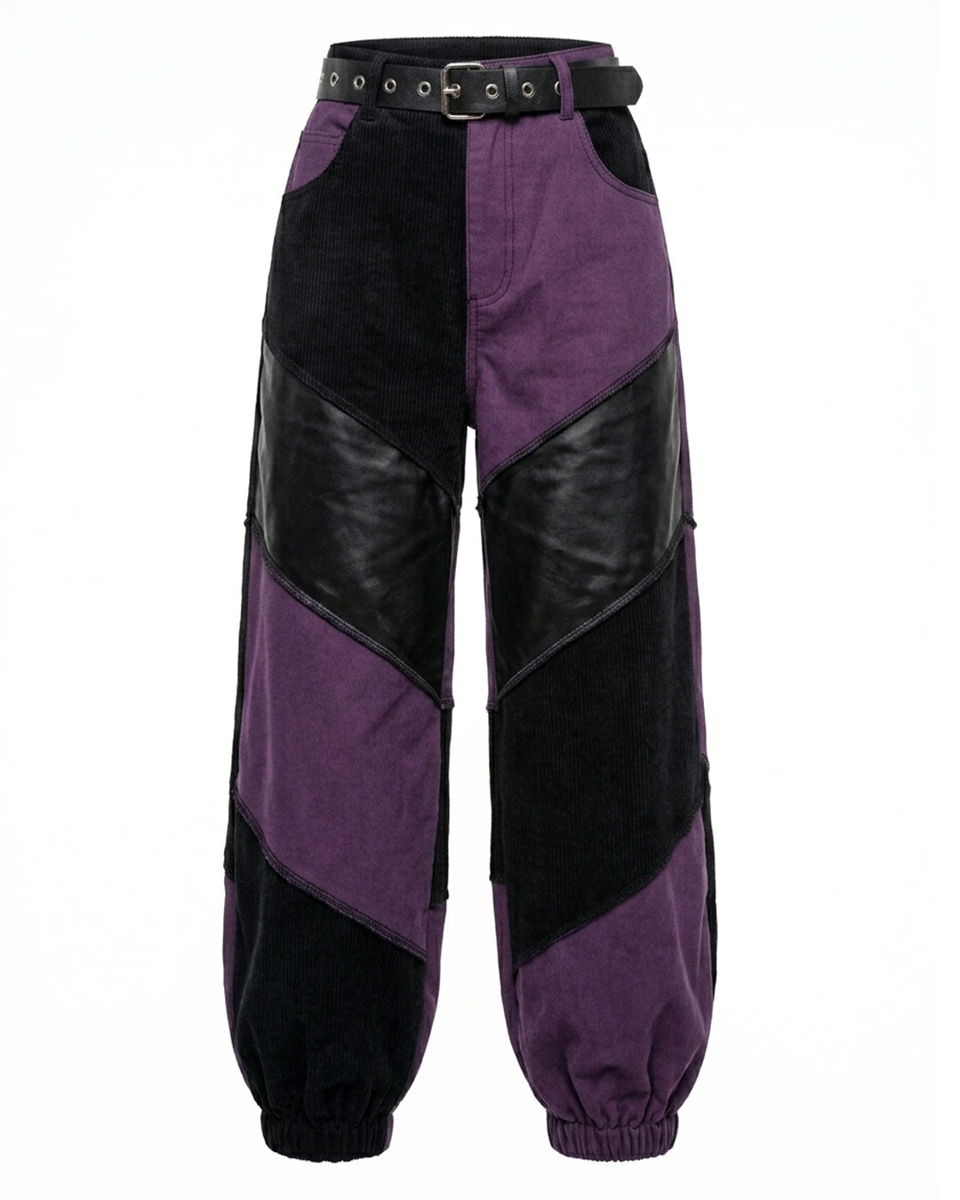 Purple and black pants with leather accents on a white background