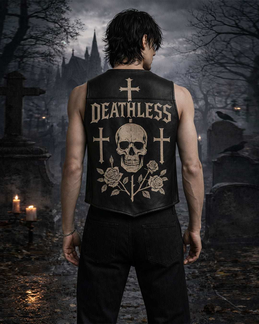 Deathless Skull Leather Vest with gothic skull and roses screen print, premium faux leather streetwear piece