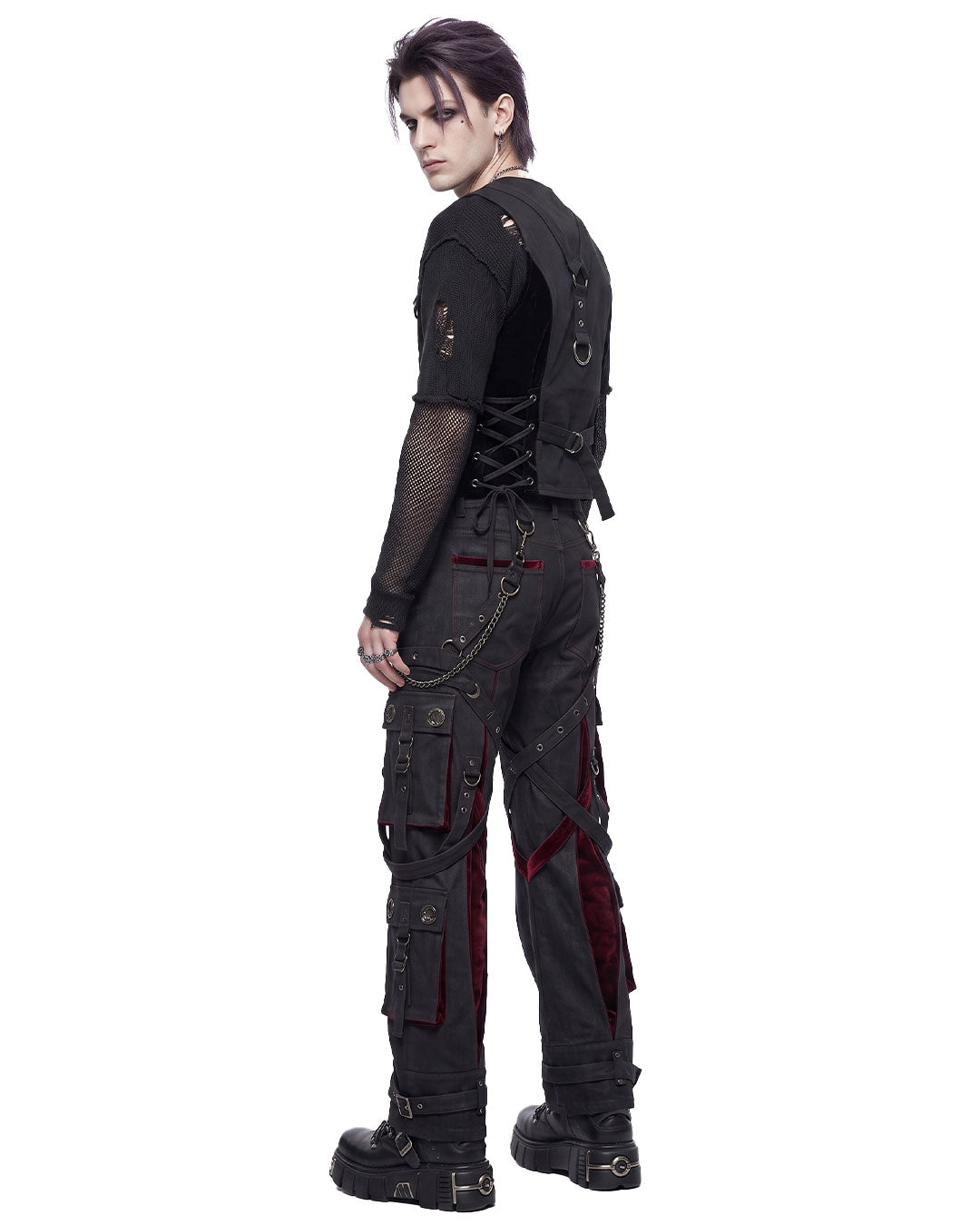 Punk pants mens back view with cross-strap detailing and red velvet panels
