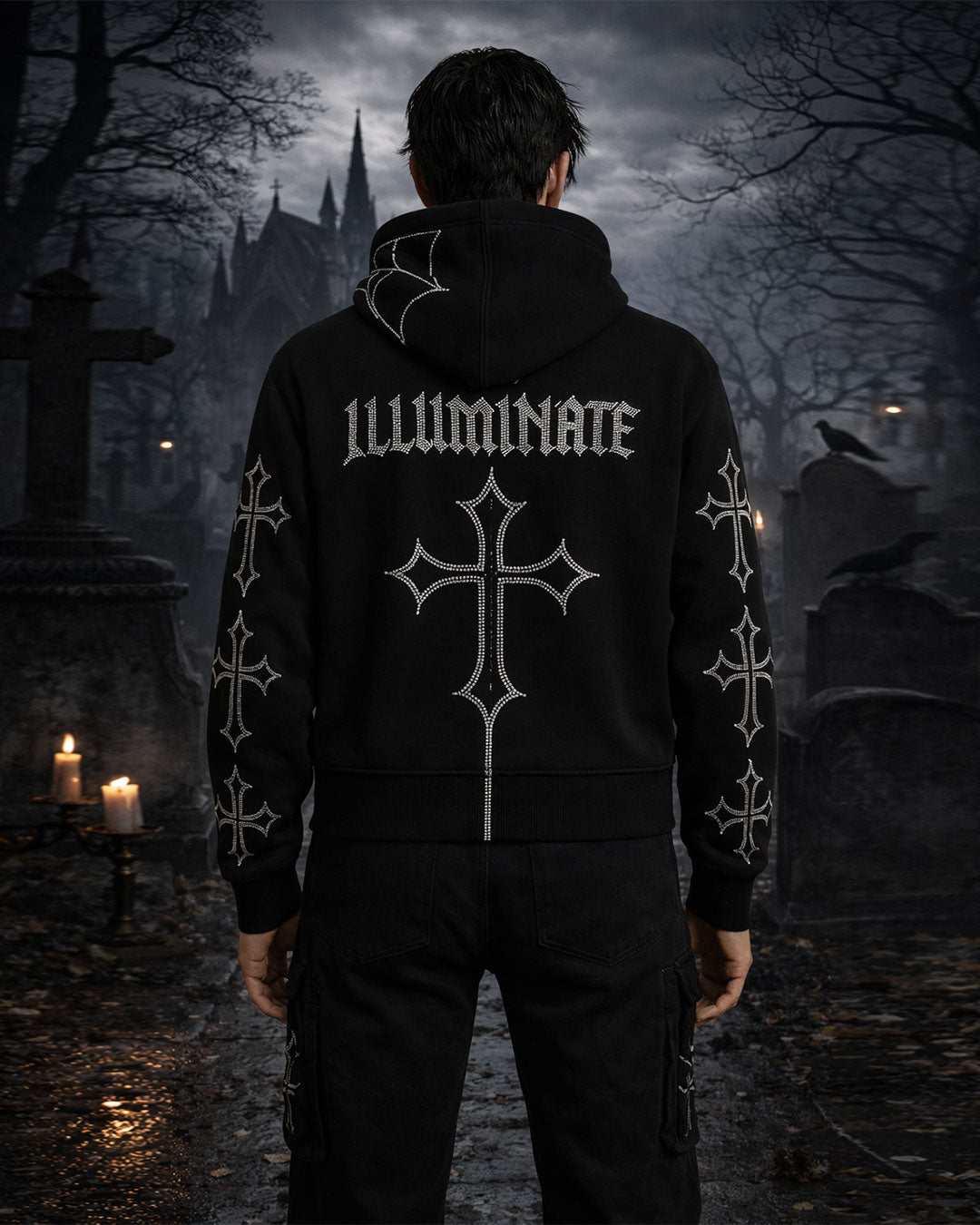 Unisex black hoodie with gothic rhinestone cross and spider-web hood detailing