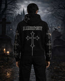 Unisex black hoodie with gothic rhinestone cross and spider-web hood detailing
