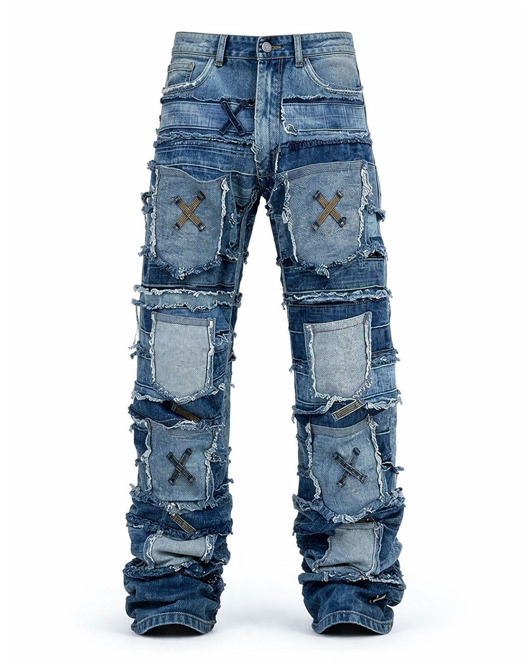 Patchwork distressed denim jeans with layered panel design, worn-in ripped detailing, and bold streetwear-inspired styling.