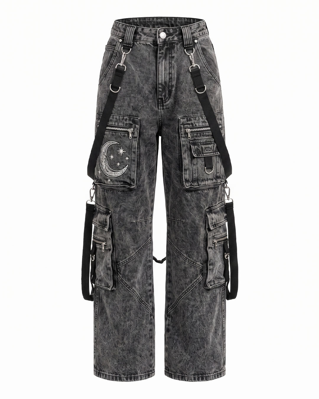 Front view of Baggy Cargo Jeans Women in washed black denim with multiple utility pockets and a wide leg cargo jeans design.
