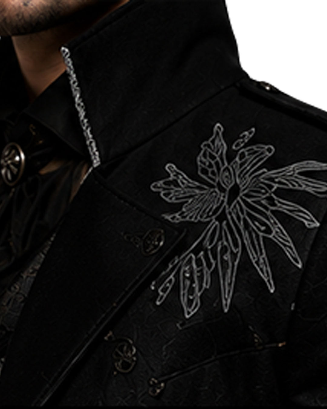 Men’s Halloween costume with black gothic trench coat, raven embroidery, high collar and vampire styling