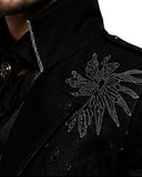 Men’s Halloween costume with black gothic trench coat, raven embroidery, high collar and vampire styling