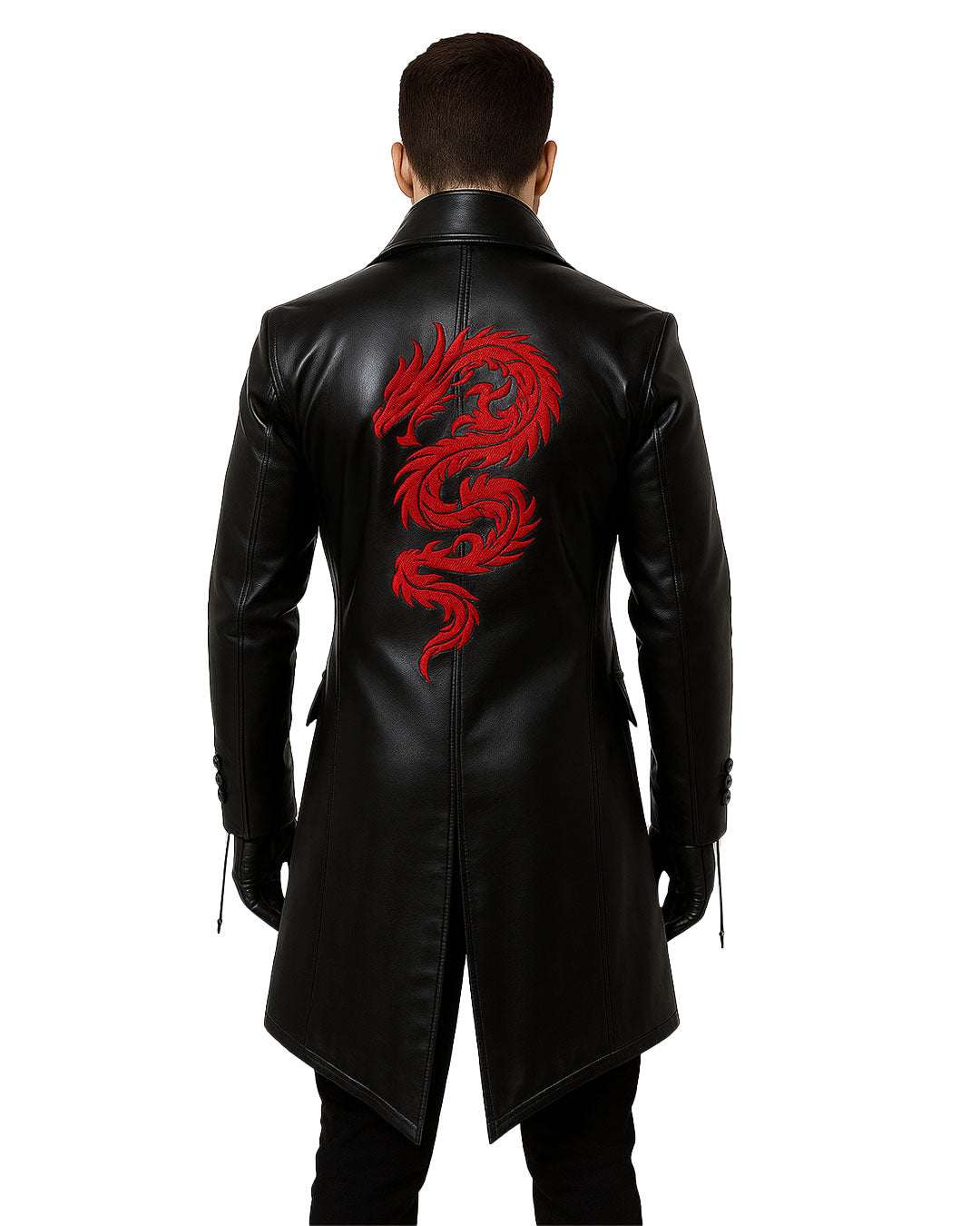 Men’s black gothic leather trench coat with red dragon embroidery on back and red vest & bow tie style accents