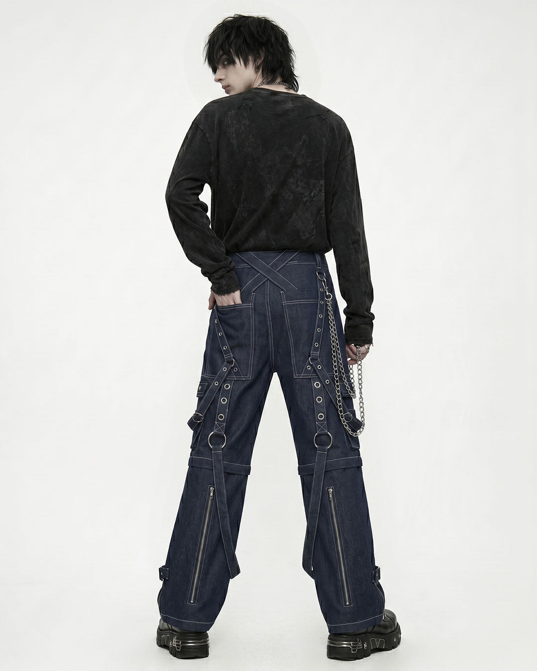 Unisex Convertible Gothic Punk Cargo Pants with Straps, Chains & Zippers