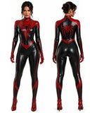 Sleek black and deep red faux leather superhero cosplay catsuit with a contrasting spider emblem on the chest and back, sharp web-pattern seaming, high collar, and back zipper, paired with matching red gloves and boots, shown from front and back.