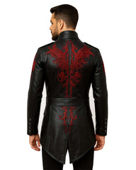 Men’s black leather jacket with red dragon embroidery on back and sleeves in gothic military style