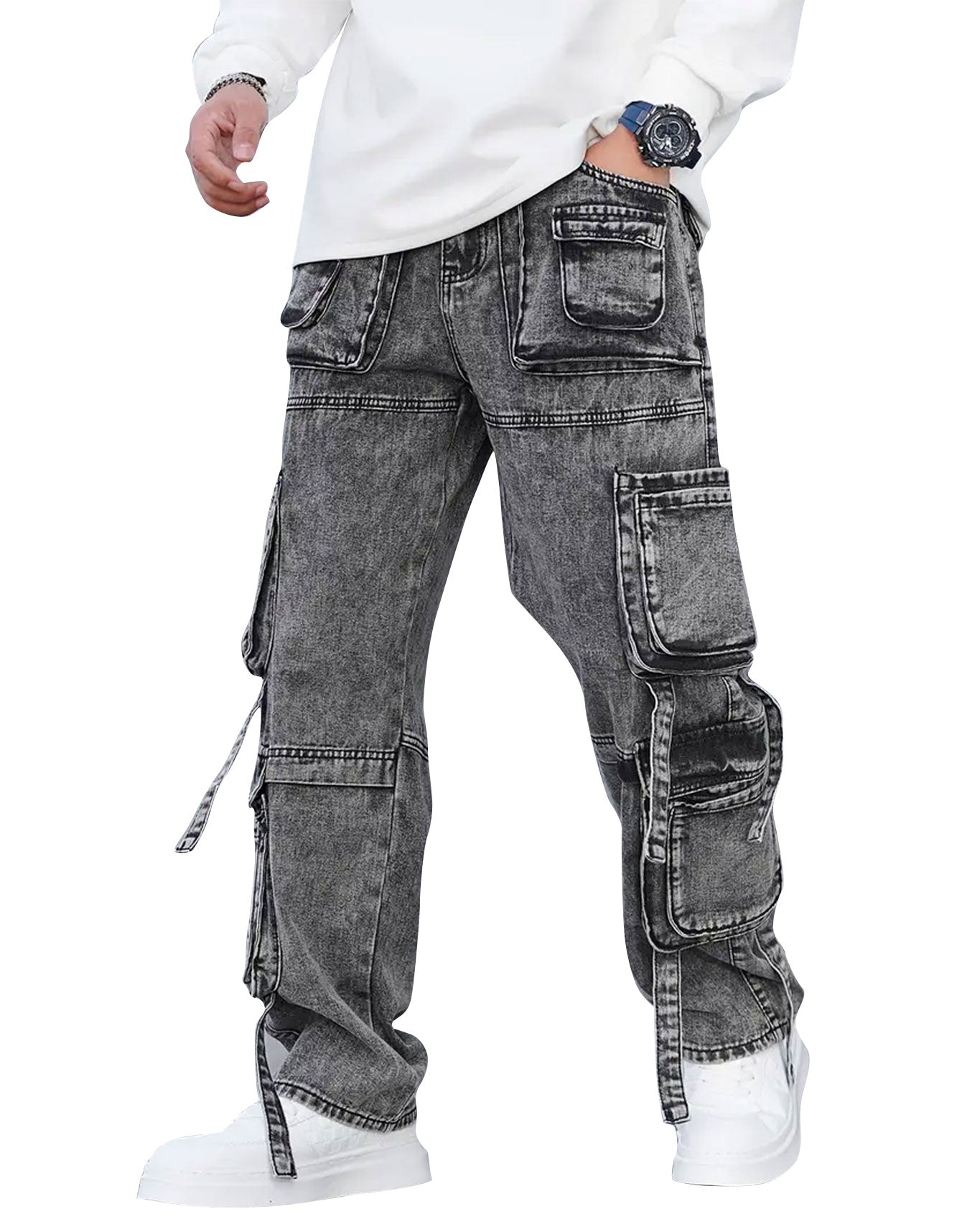 Men’s Casual Bomber Jeans – Wide Leg Multi-Pocket