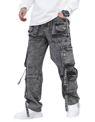 Men’s Casual Bomber Jeans – Wide Leg Multi-Pocket