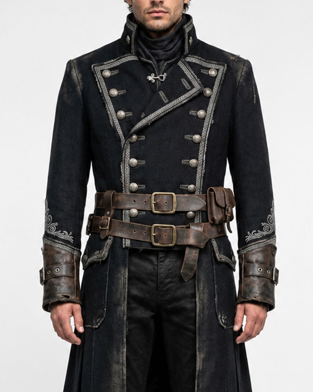 Men’s black pirate Halloween costume coat with gothic military and dark fantasy styling