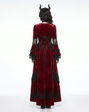 Crimson Horn Gothic Devil Halloween Costume Dress front view in red velvet with black lace