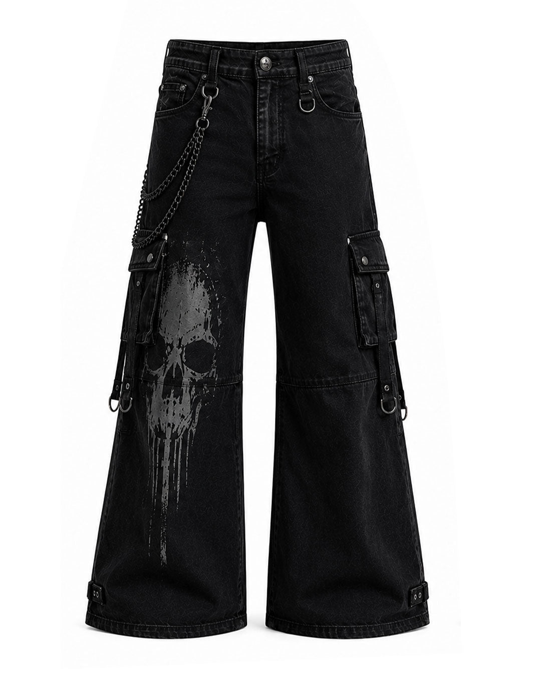Flat lay of gothic cargo pants with skull print and chain accent, front
